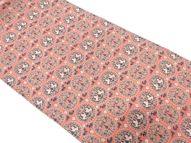 JAPANESE KIMONO / ANTIQUE NAGOYA OBI / SILK / WOVEN PLATE & ANIMAL